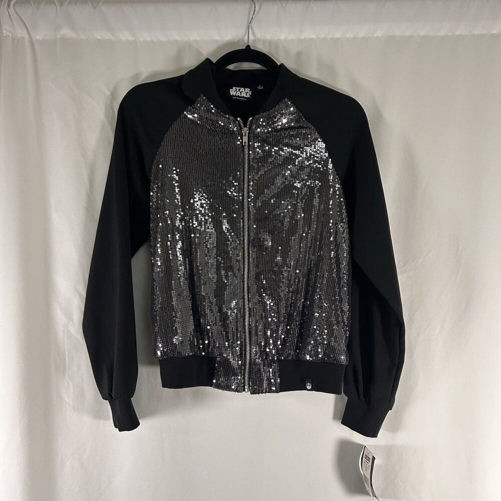 New Star Wars Rogue One Sweater Women's Medium Black Silver Sequin Full Zip